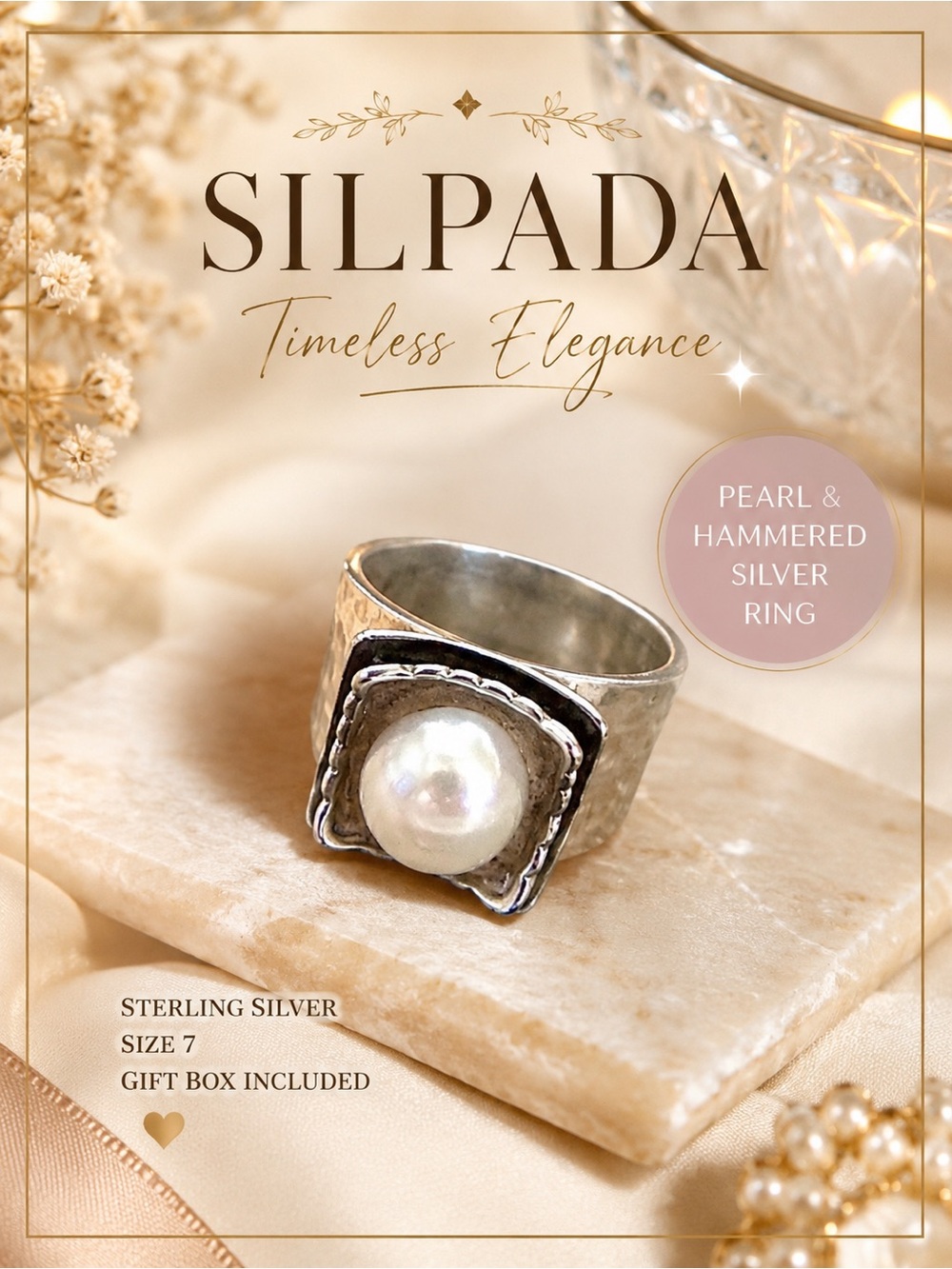 SILPADA Sterling Silver Pearl Ring R0898 | Hammered Wide Band Size 7 Gift Box